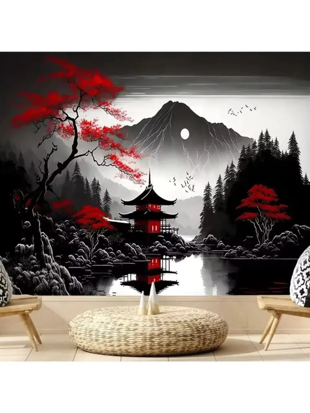 51×60 Inch Oriental Ink Japanese Red Maple Pagoda Mountain Lake Wall Tapestry